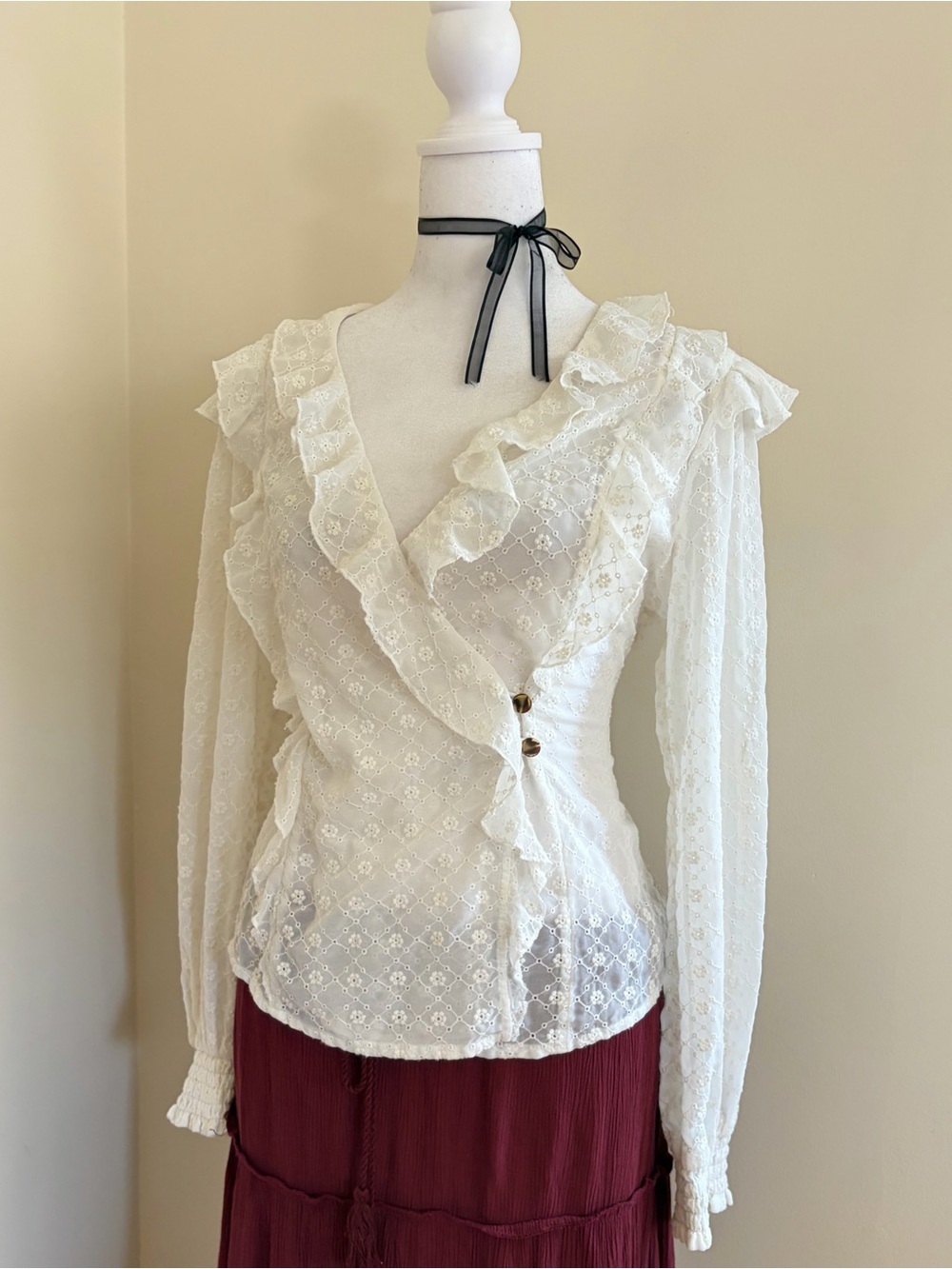 Edwardian vintage style eyelet lace ruffle sheer blouse Maeve Anthropologie S 6